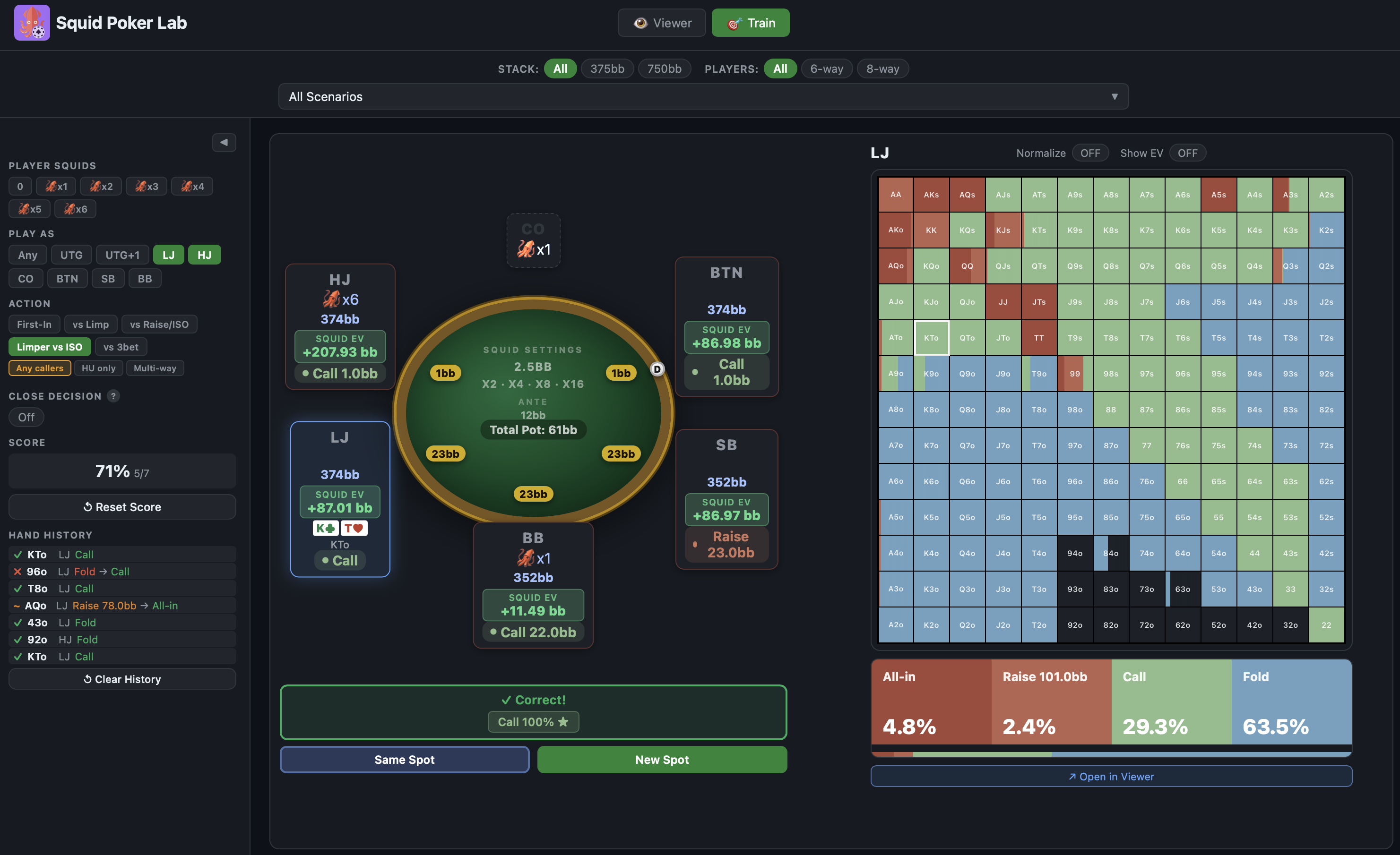 Squid Poker trainer instant EV feedback after each preflop decision